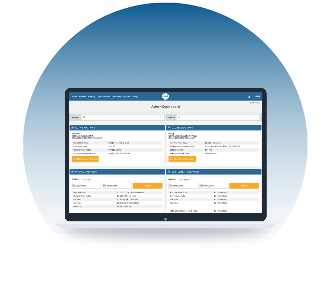 The Bidpath back office dashboard on a laptop, showing active and closed sales alongside invoice and settlement totals